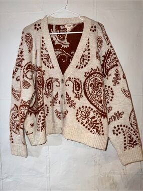 a.n.a Cream and Brown Paisley Button-Front Cardigan (NWT)